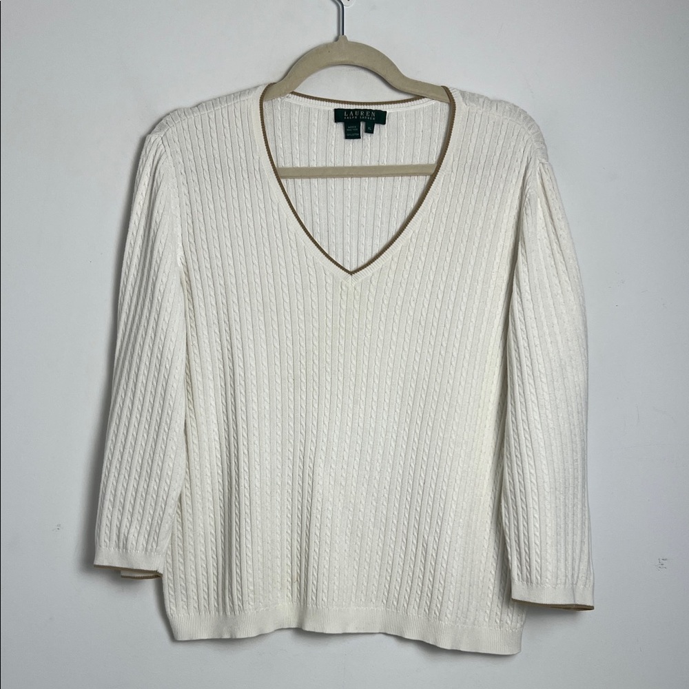 Lauren Ralph Lauren Women's XL Cream Lightweight V-Neck Cable Knit Sweater